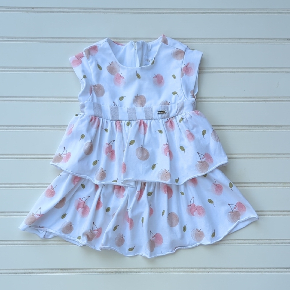 Mayoral White Dress with Pink and Tan Cherry Print